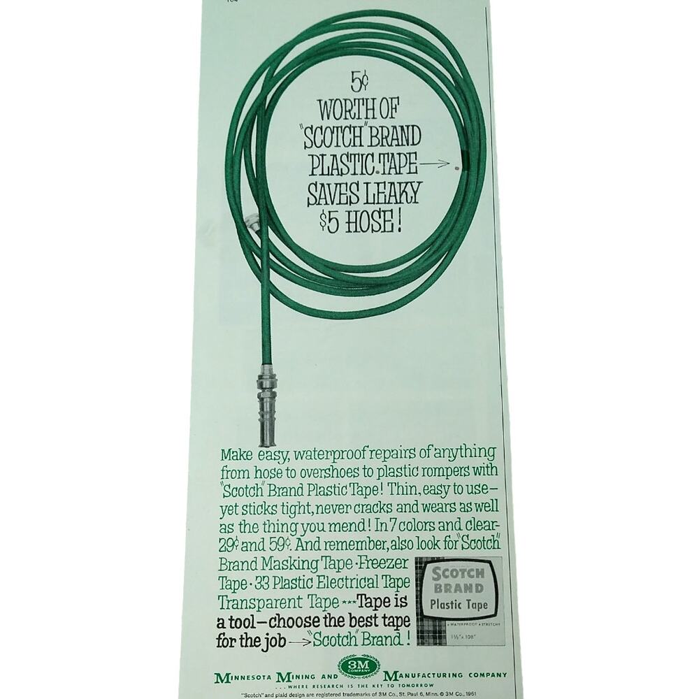 1961‎ Scotch Tape - 5¢ of Plastic Tape Saves $5 Leaky Garden Hose - Vtg PRINT AD